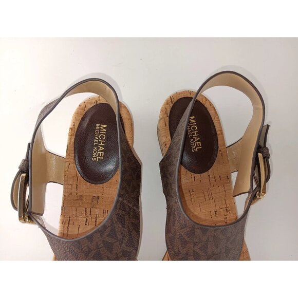Michael Kors London Brown Logo Print  Thong Block Heel Slingback Sandals Sz 9M - Picture 3 of 8